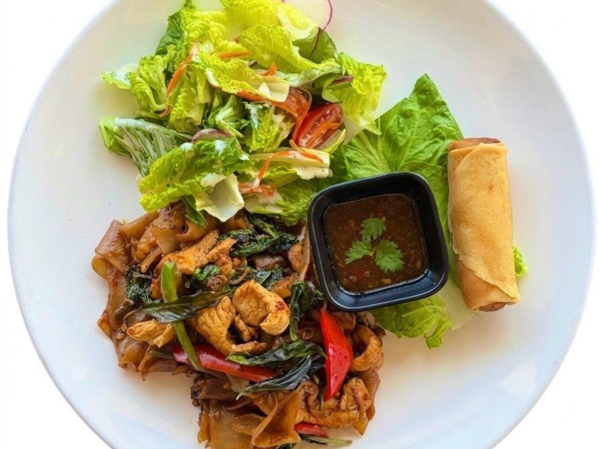 Pad Kee Mao — weekday lunch special with salad and a spring roll at Narwhal Thai Table, Huntington Beach