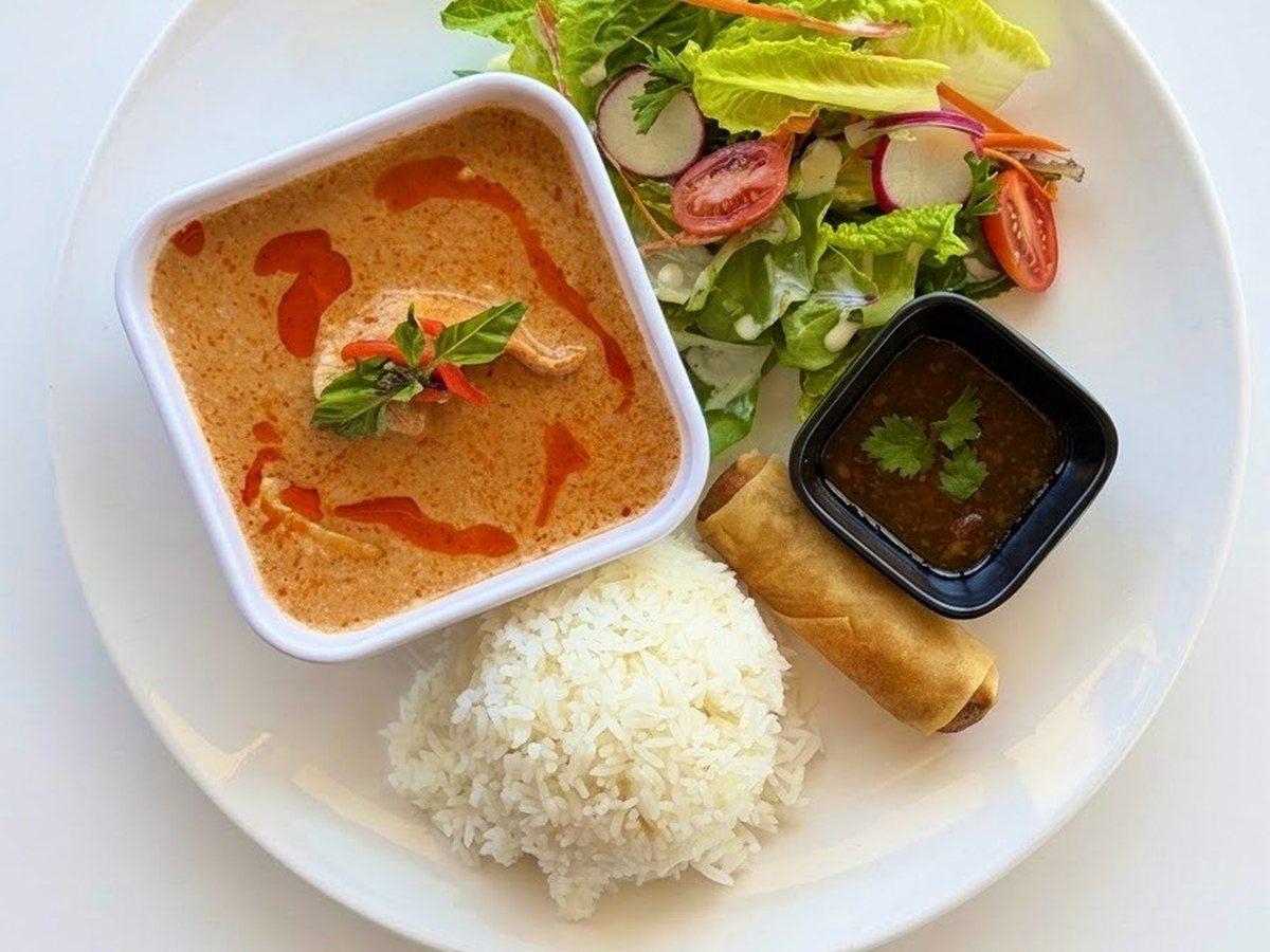 Panang Curry — weekday lunch special with salad and a spring roll at Narwhal Thai Table, Huntington Beach